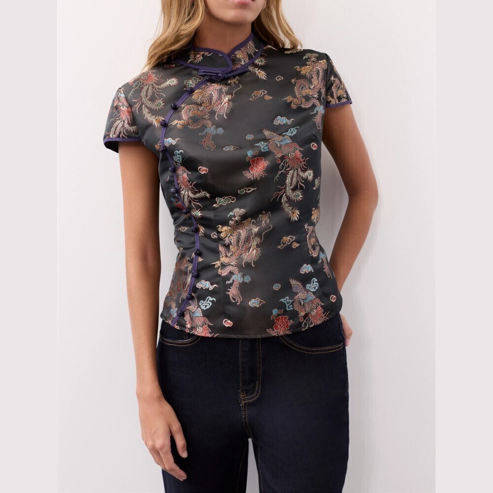 Black Dragon Brocade Frog Button Cheongsam Style Short Sleeve Blouse